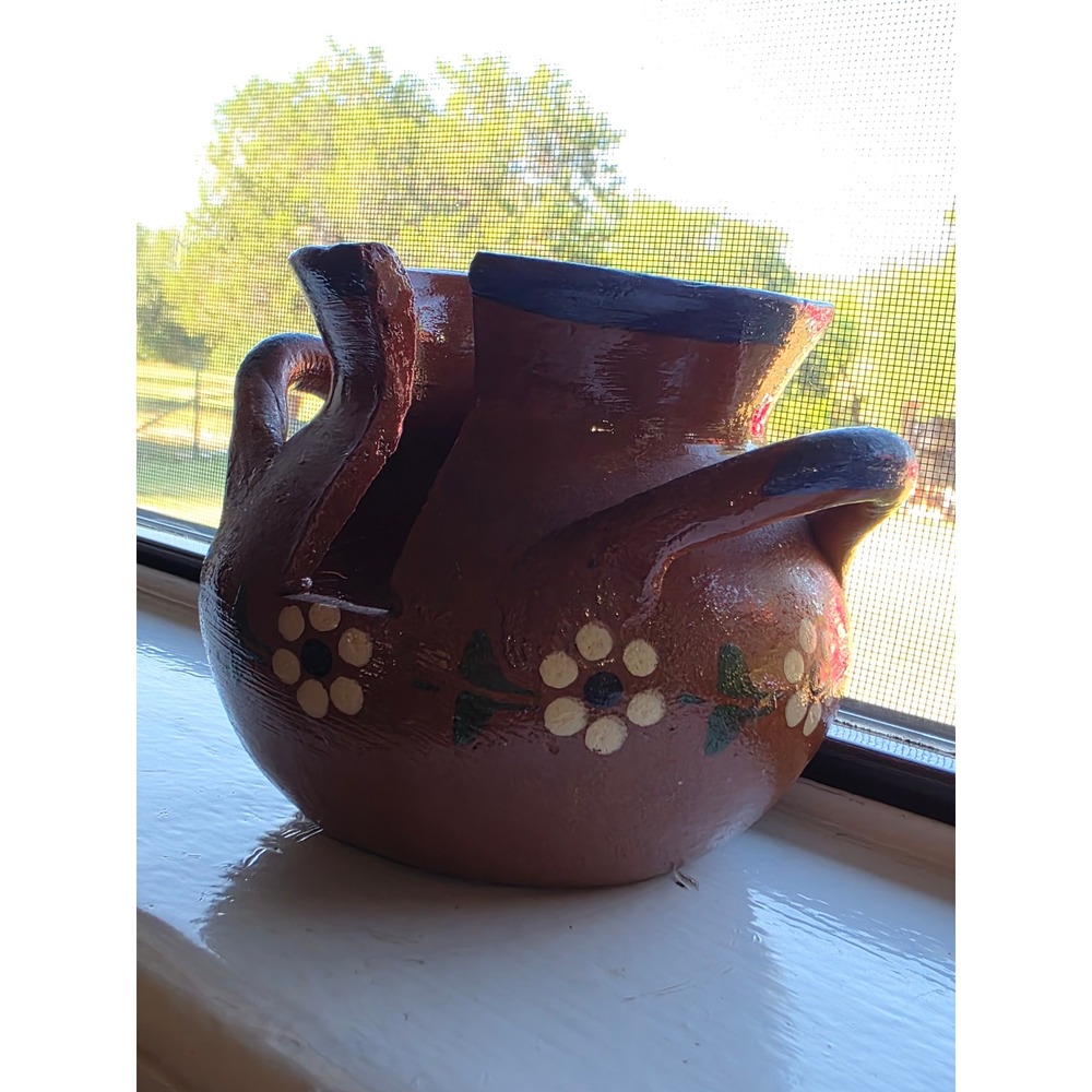 Vintage Mexican Terracotta Hand Painted Floral Napkin Holder Blue Trim Pot decor